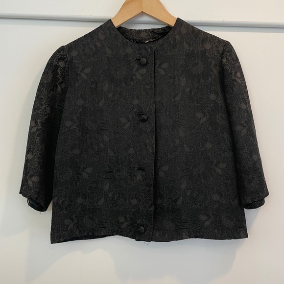 Vintage Black Brocade Jacquard Collarless Cropped Jacket 3/4 Sleeve - Picture 2 of 9